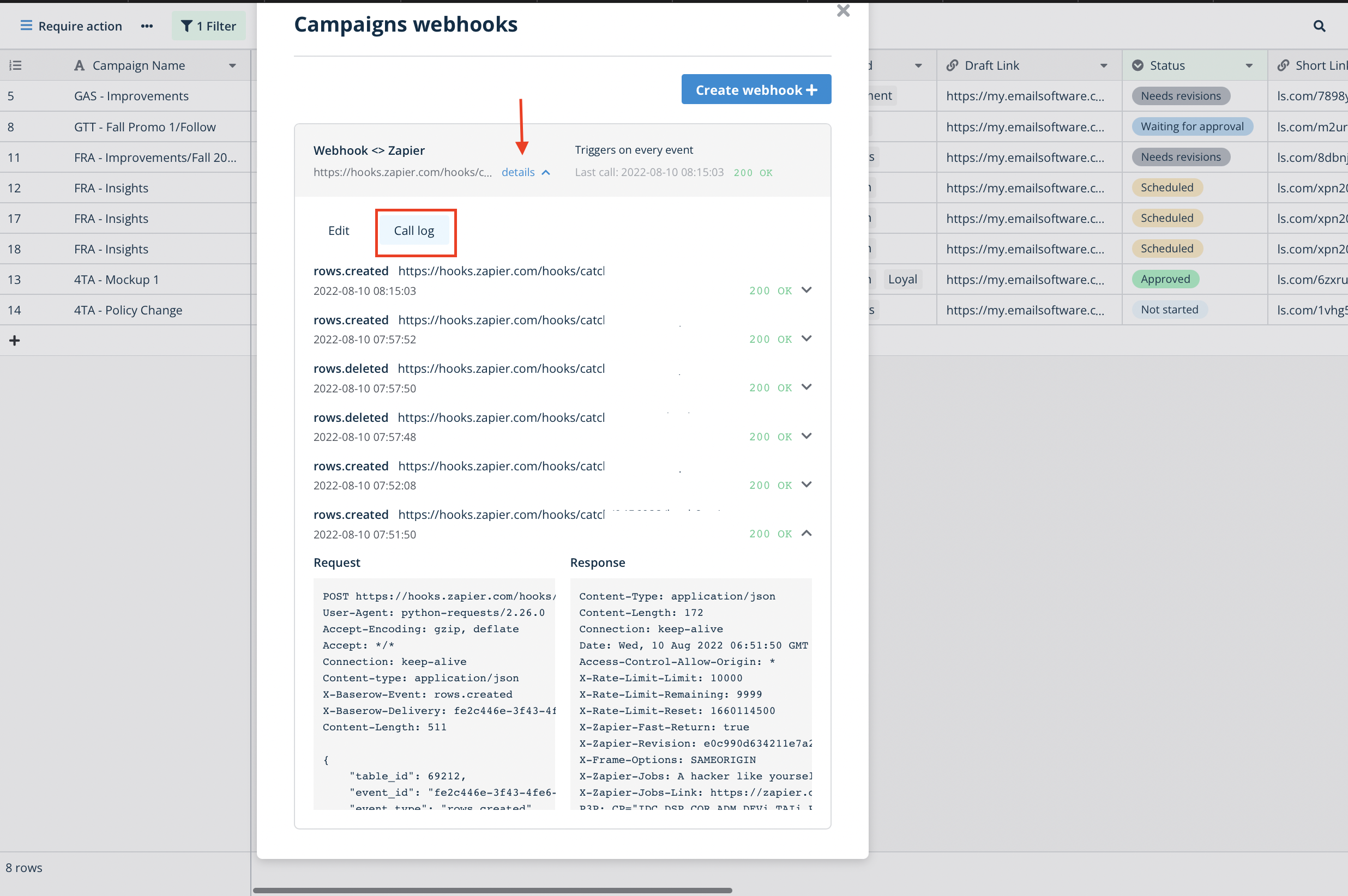 View webhook call log in Baserow